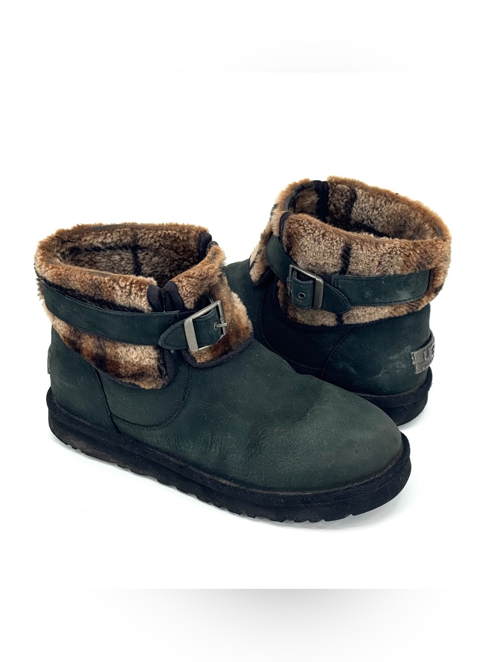 UGG Dark Green Suede Shearling-Lined Ankle Boots with Buckle 7